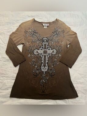 VTG Y2K Jody California T- Shirt Top Cross Graphic Womens M Brown Grunge Emo USA